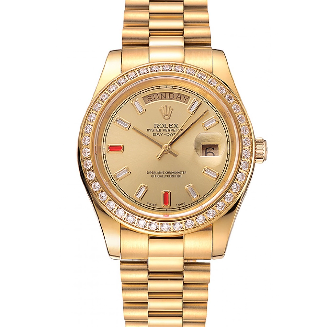 MiroTime 0801 Swiss Rolex Day-Date Diamonds And Rubies Champagne Dial Gold Bracelet 1454100
